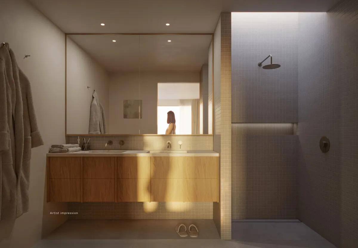 Ensuite with timber vanity and walk-in shower