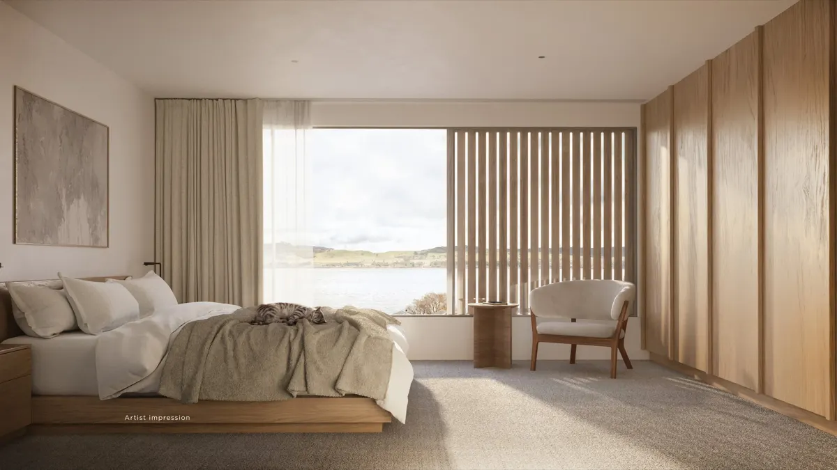 Master bedroom with full-height window to the lake, artist impression